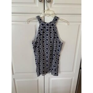 Skirtin Around New Canaan CT Silk Halter Top Navy White Geometric Print Size 2